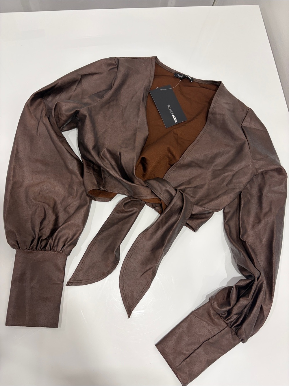 Fashion Nova Brown Faux Leather Tie-Front Crop Top